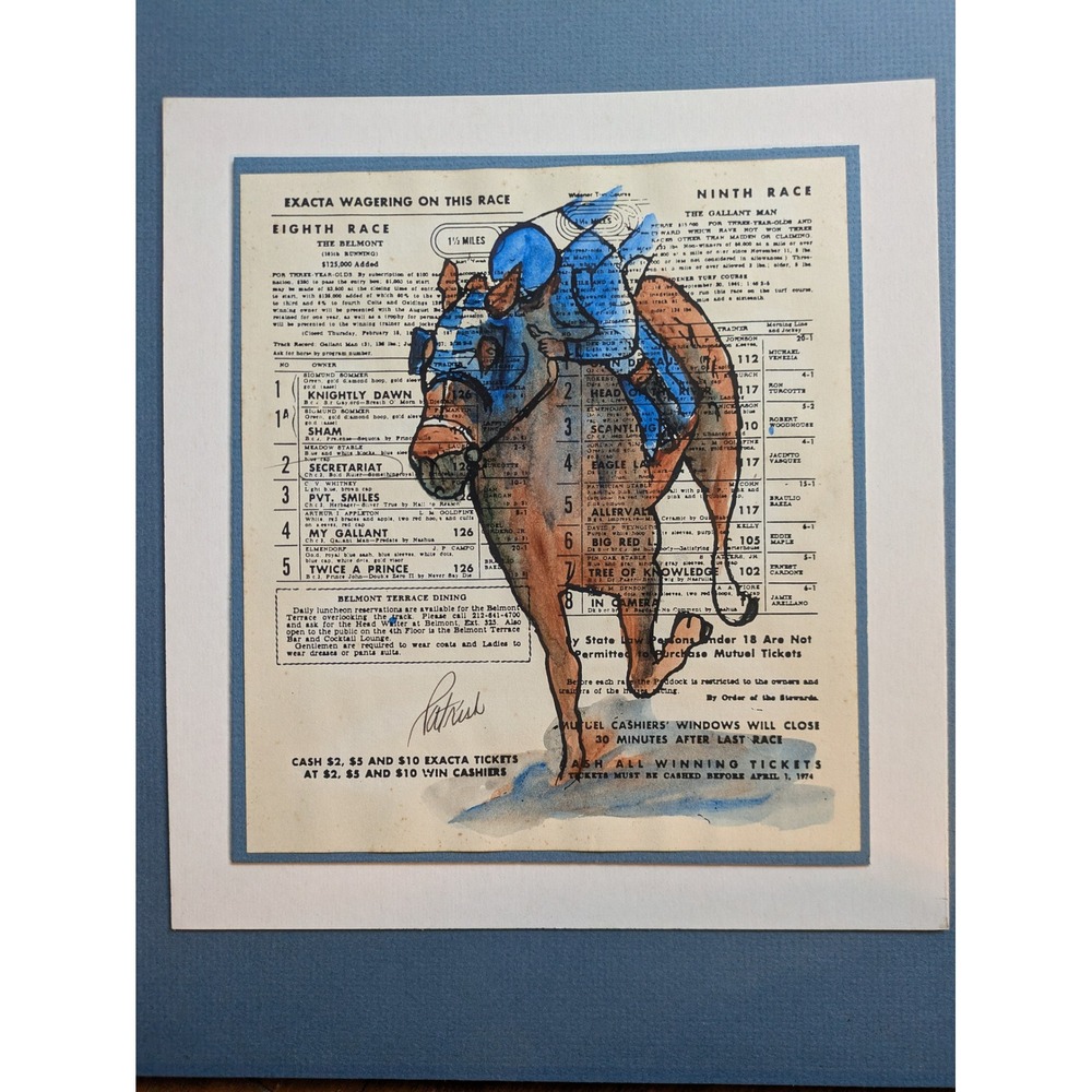 1974 Horse Racing Mixed Media Art Signed Patrick Belmont Secretariat